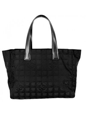 Chanel Tote New Travel Line MM Handbag Shoulder CC Logo Leather Nylon Black Gold
